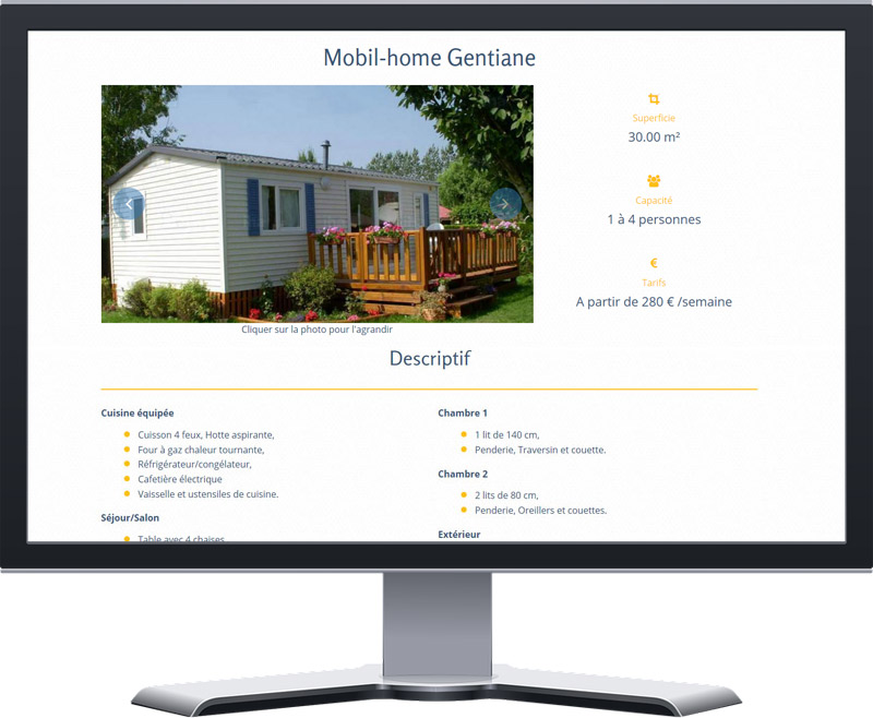 ecran page de détail location mobil-home